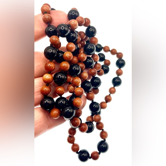 Beautiful Long Strand Fine Genuine Knotted Goldstone Black Onyx Beaded Necklace - Picture 3 of 7
